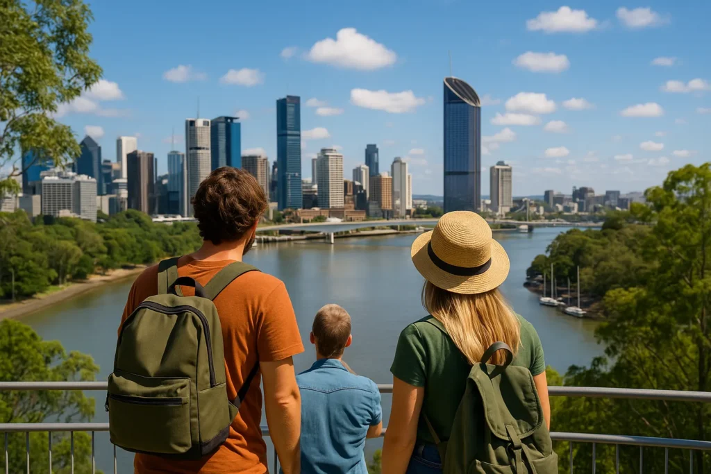 Couple exploring Brisbane sustainably by riverside